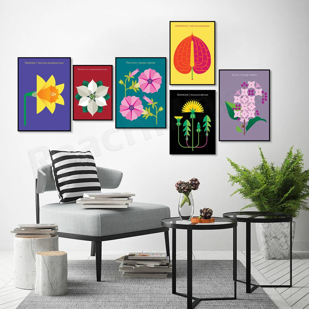 Modern botanical floral poster, petunia, red poppy, calla lily, daffodil, lilac, dandelion, christmas flower, scandinavian desig