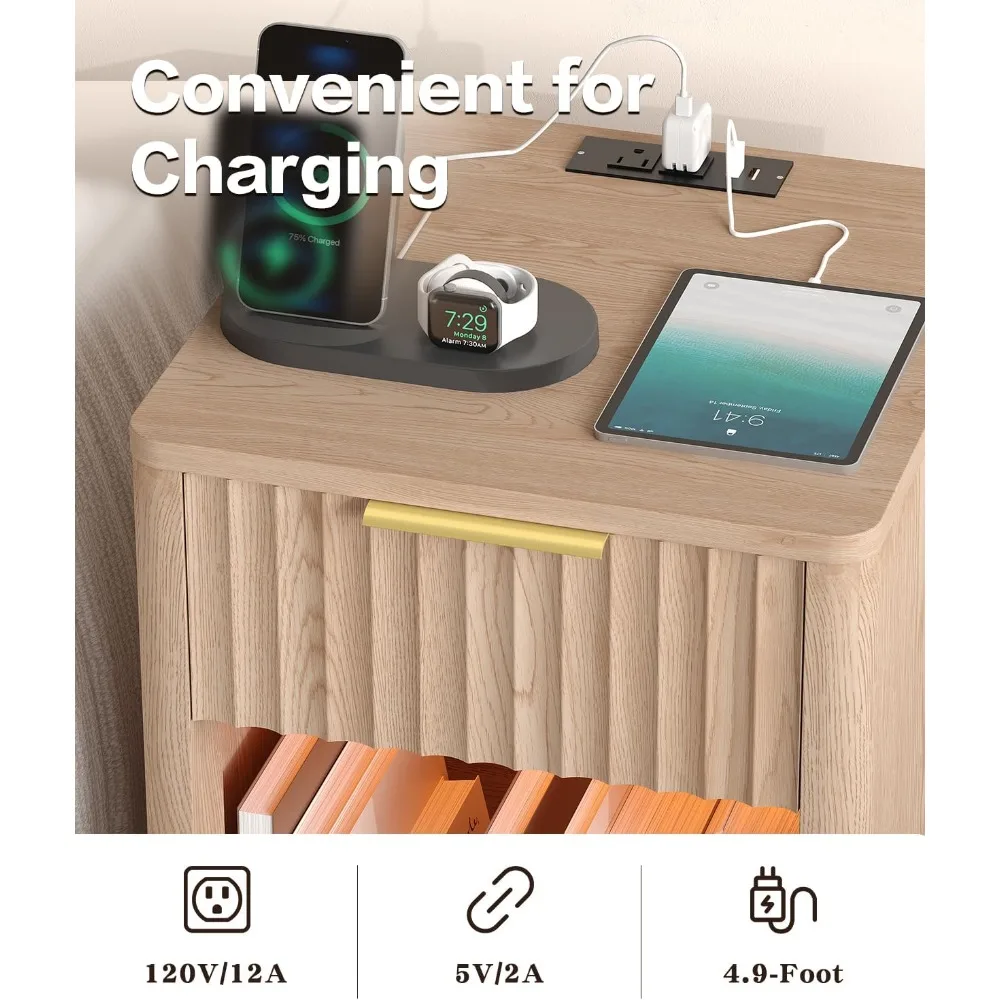 طقم منضدة مكونة من قطعتين، حامل ليلي خشبي مع قاعدة شحن وإضاءة LED، طاولة نهاية حديثة مع درج وتخزين مفتوح #2