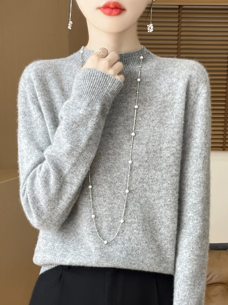 Fashion 100% Wool Sweater Women's Mock-Neck Knitwear Cashmere Pullovers Autumn Winter Long Sleeve Jumpers Clothing Tops