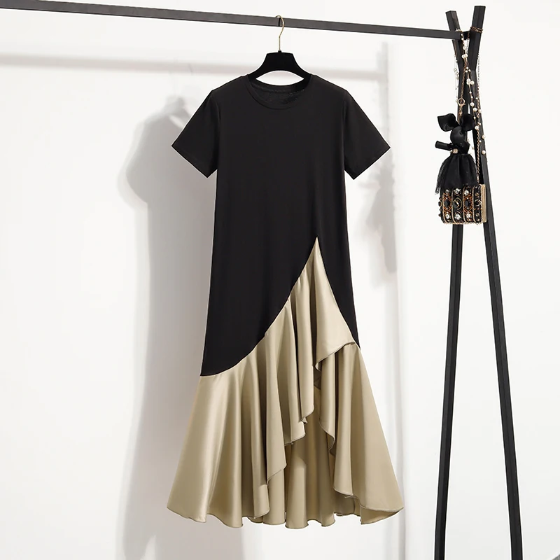 HKSH ฤดูร้อนใหม่ผู้หญิงแฟชั่นรอบคอสั้นเสื้อยืด TOP ชุดแนวโน้ม Patchwork พับ Elegant Dark Chic INS HK9445