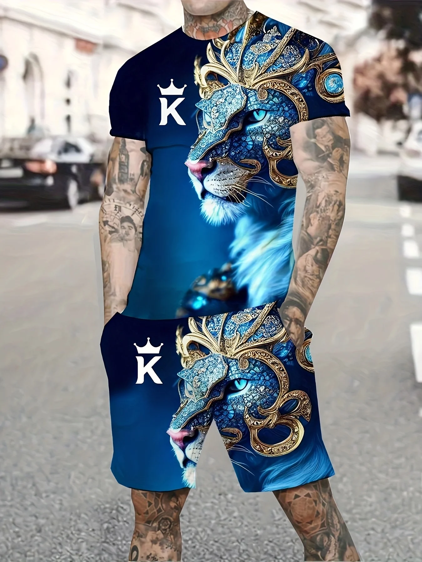 

New Summer Men's Sets Shorts Outfits 3D Tiger Printed Short Sleeve T-shirt Two Pieces Casual Tracksuit Oversized Beach Sportwear