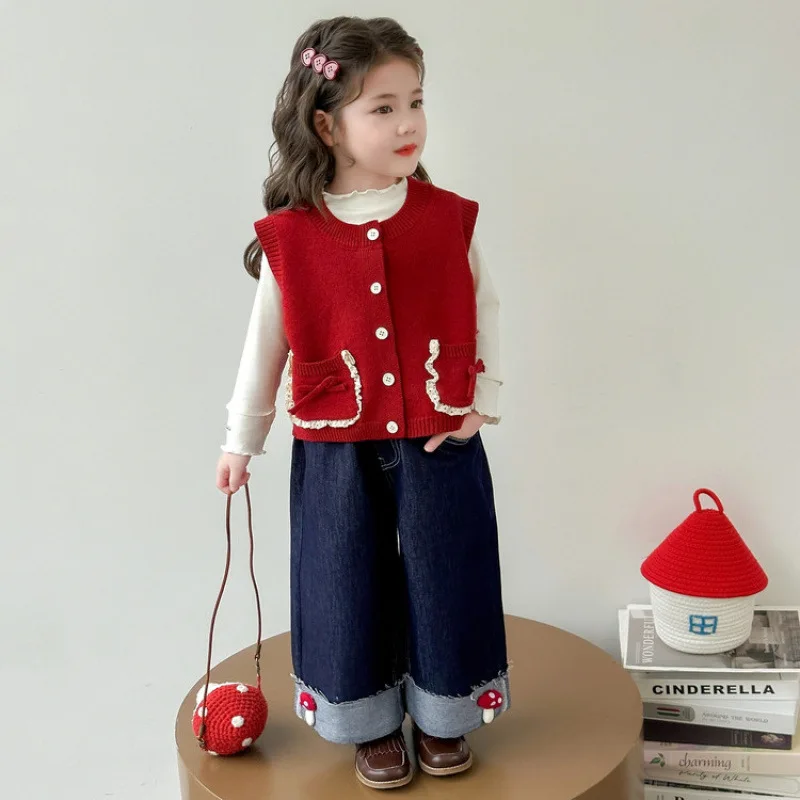 

Chic Girls' 3-Piece Knit Vest Denim Set Autumn Fashion Outfit with Dress Baby & Toddler Spring Fall Layered Style Casual Style