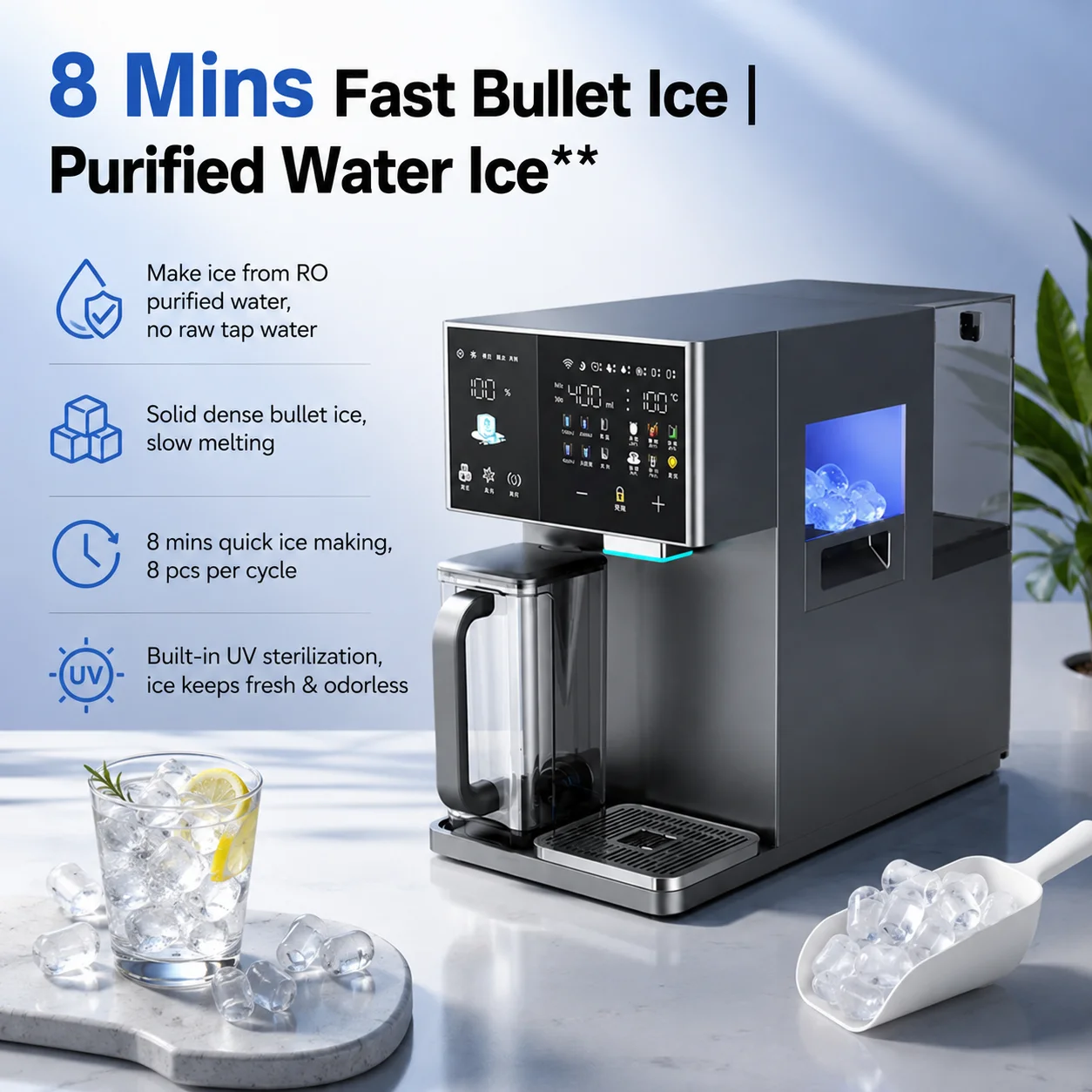 Desktop Ice‑Making Instant Hot & Cold Water Dispenser, Touch Screen Countertop Ice Maker Water Purifier for Home Office