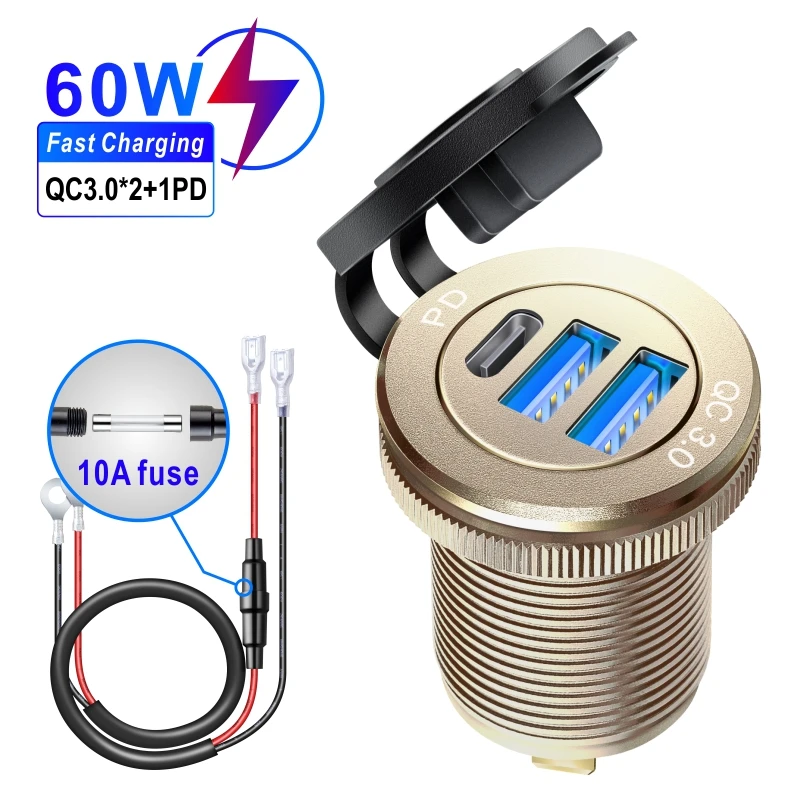 

PD and USB C DIY 12V -24V 60W Motorcycle Car Charger Power Socket 3USB Charger Adapter Panel For Car Boat Bus Motorcycle Chair