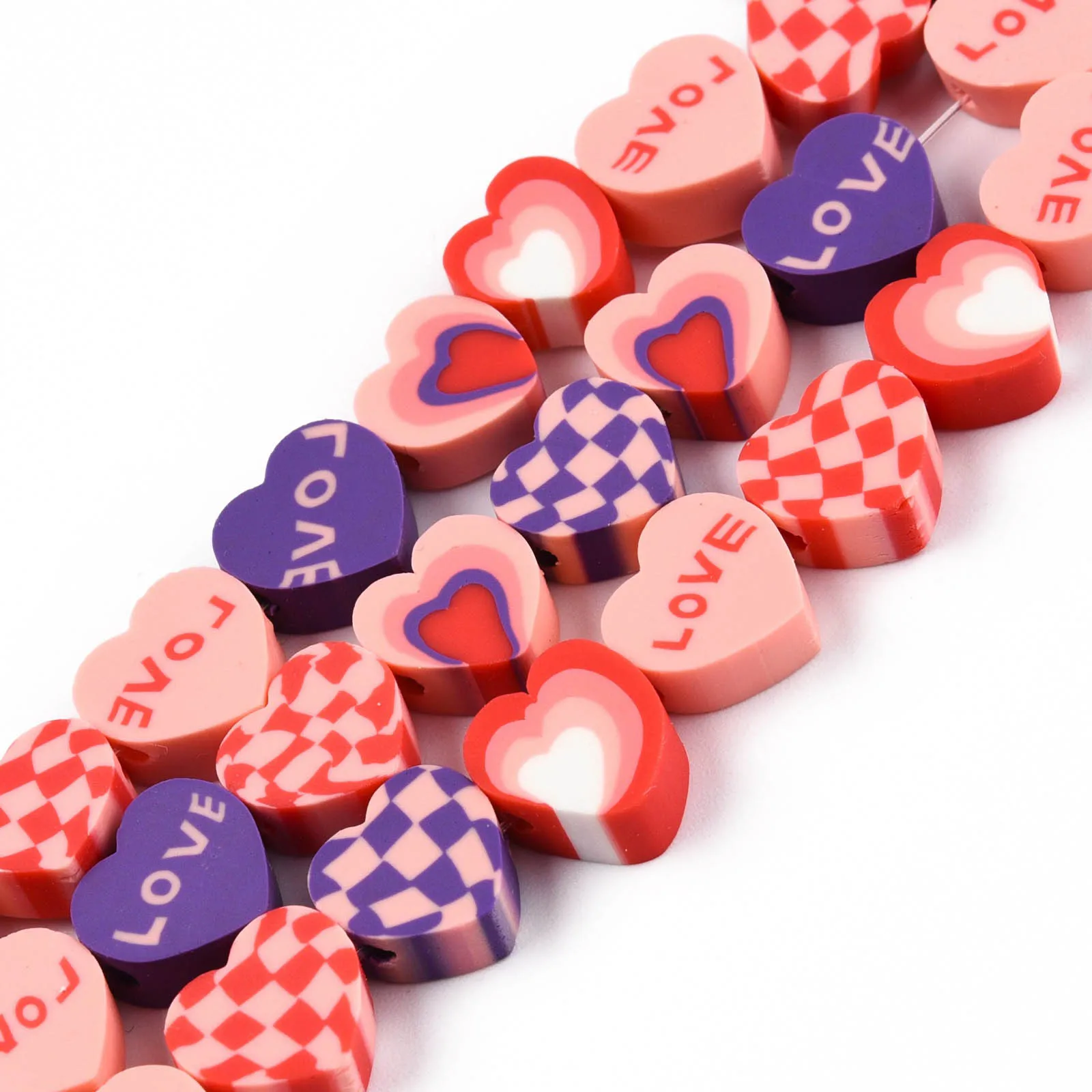 10 Strands Handmade Polymer Clay Beads  Heart With Tartan & Word Love Pattern For Valentine's Day Decoras 9~10x9.5~10.5x4~4.5mm