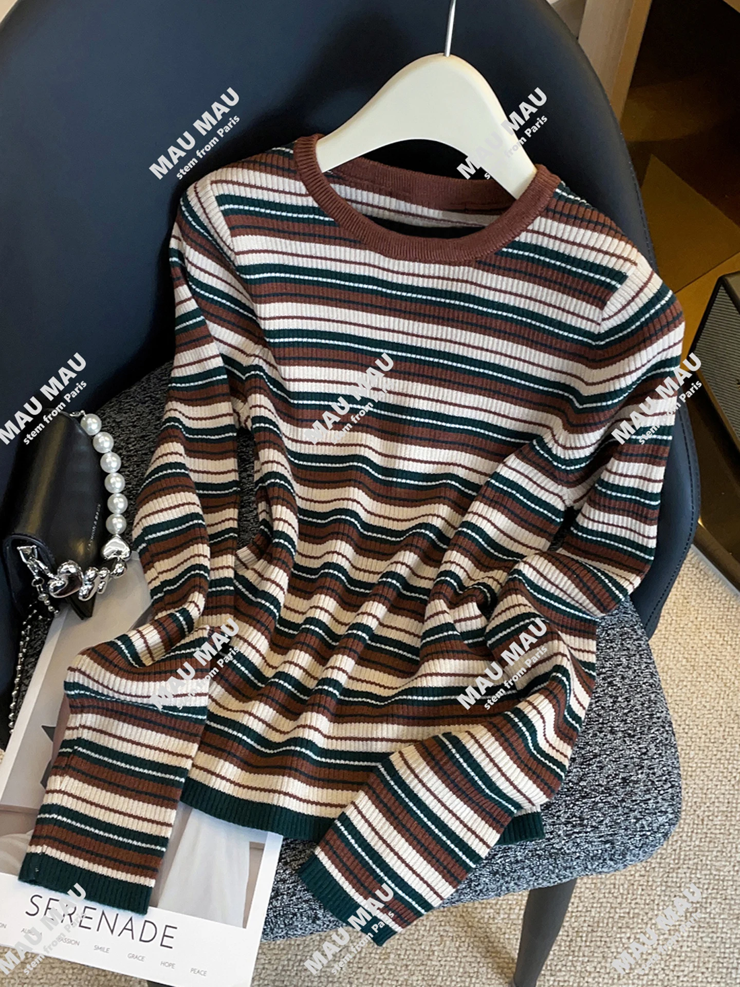 

High-End Women's Knitted Sweater Casual Loose Striped Casual Sle Comfortable Fit round Ne Long Sve Autumn New Arrival