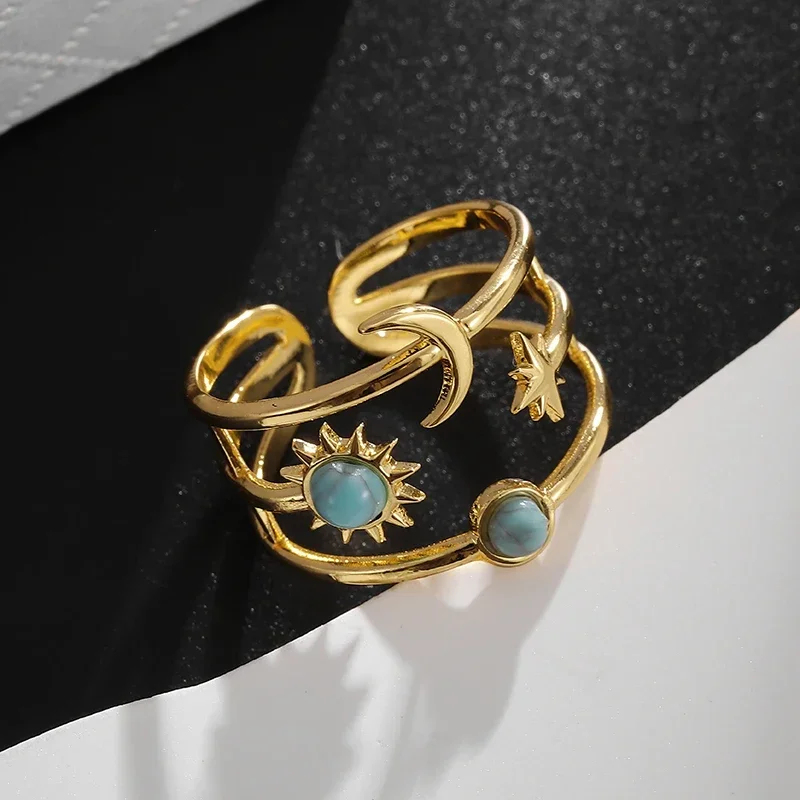 Fashionable Light Luxury Bohemian Style Star Moon Sun Tarot Card Retro Style Open Ring Women's Fashion Jewelry