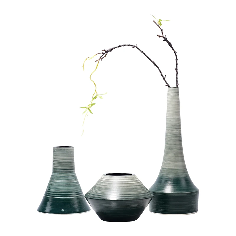 

Керамическая ваза, набор из трех предметов, темно-зеленая цветочная посуда, журнальный столик, украшение для столешницы в ванной комнате, керамическая ваза