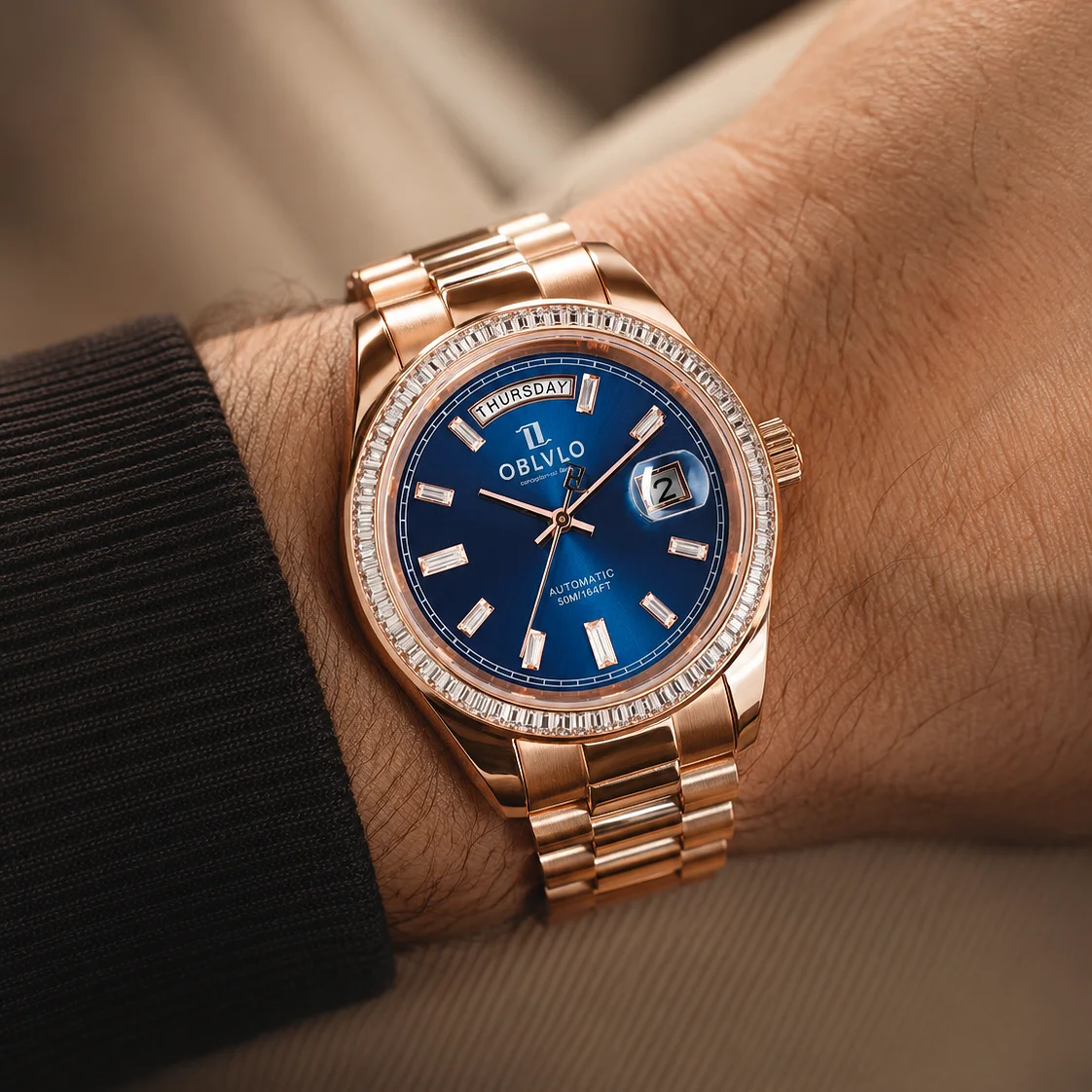 OBLVLO Men's Rose Gold Watch Classic Mechanical Diamonds Bezel Blue Dial Date & Day Display Automatic Miyota 8215 Movement RX-DD