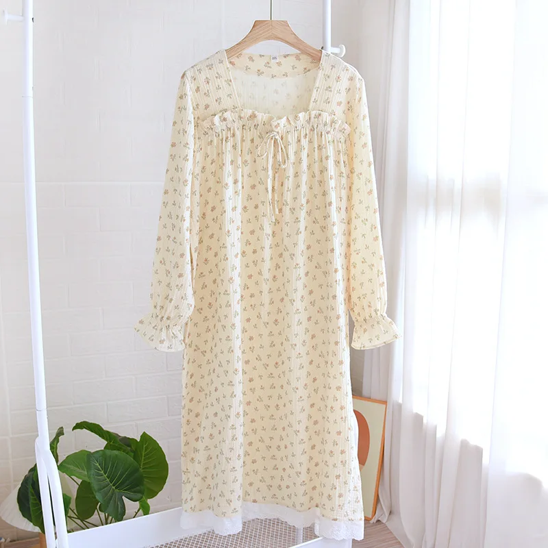 Spring and summer 2024 new women\'s nightdress 100% cotton long-sleeved skirt square neck lovely flower large household skirt