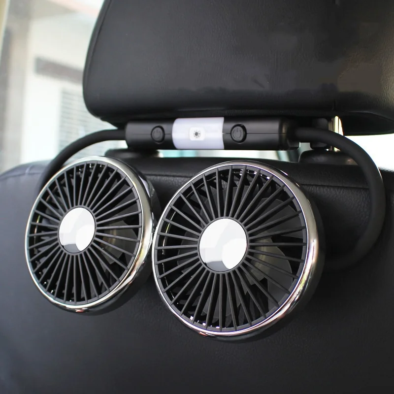 Car Backseat Double Head Cooling Fan USB 3-Speed with Led Light 360 Degree Adjustable for SUV RV Truck