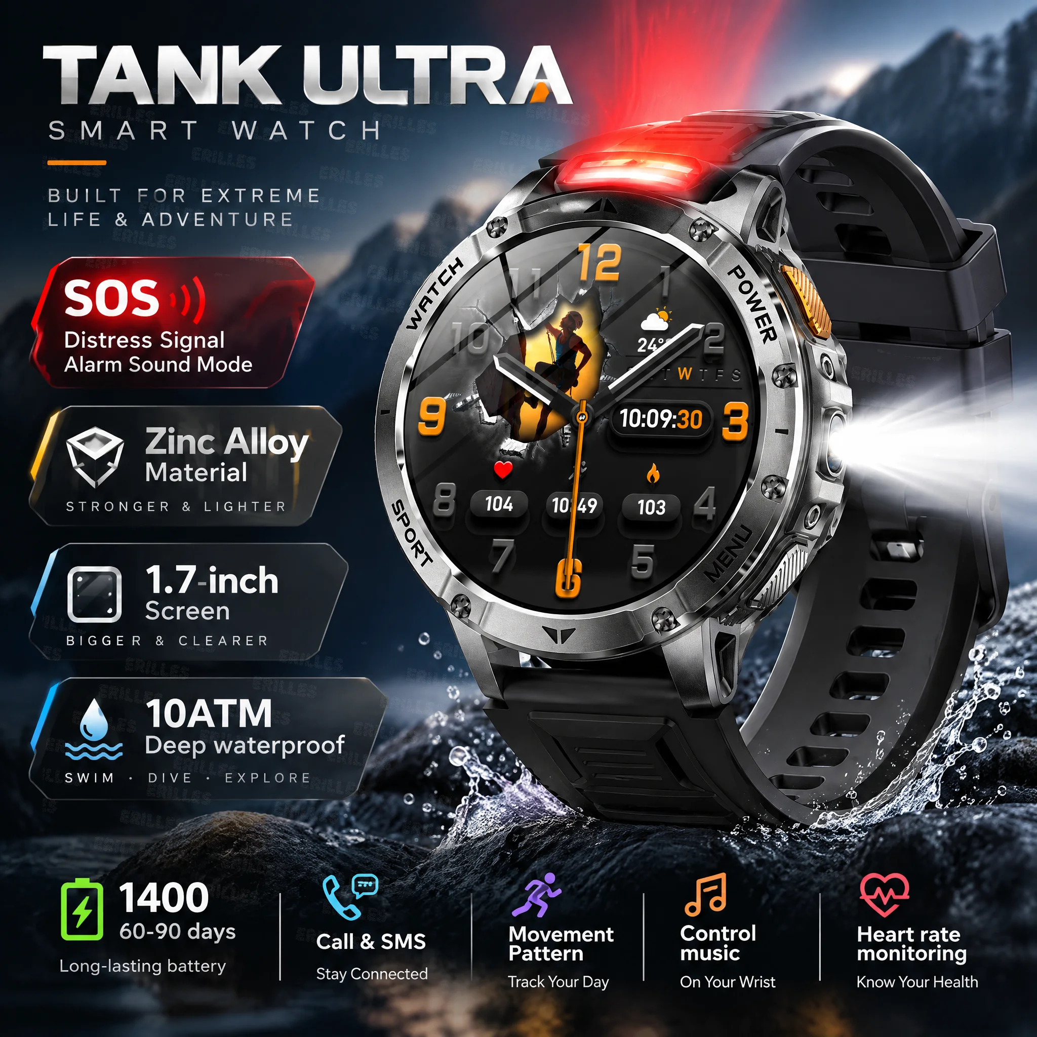 Rugged Outdoor Smartwatch Men 1.7