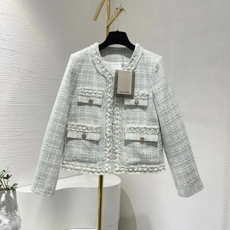 

Green Pearls Beading Invisible Button Pocket Inner Village Printing Winter Women 2024 Long Sleeve Tweed Jacket