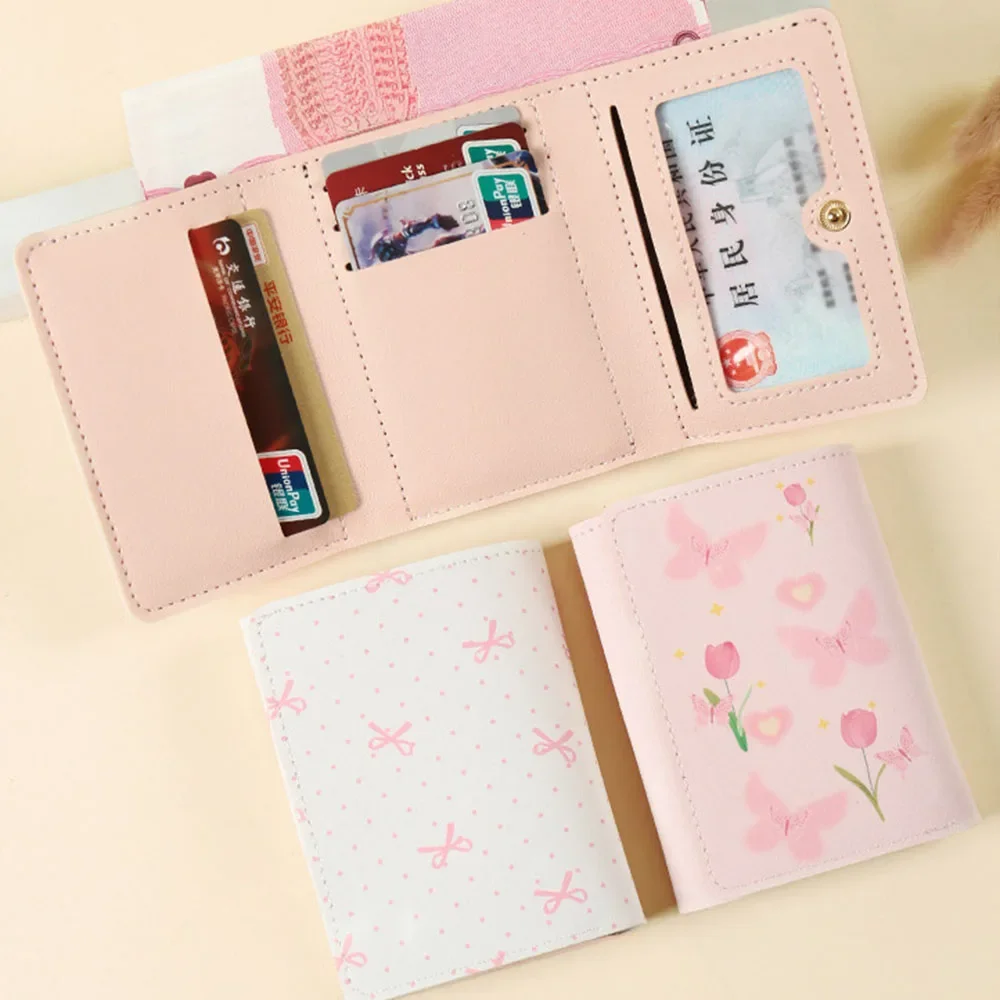 

Cute Bow Wallet Women Sweet Pink Color Style Floral Purse Card Holder for Girl Portable Travel Cash Coin Photo Card Bag