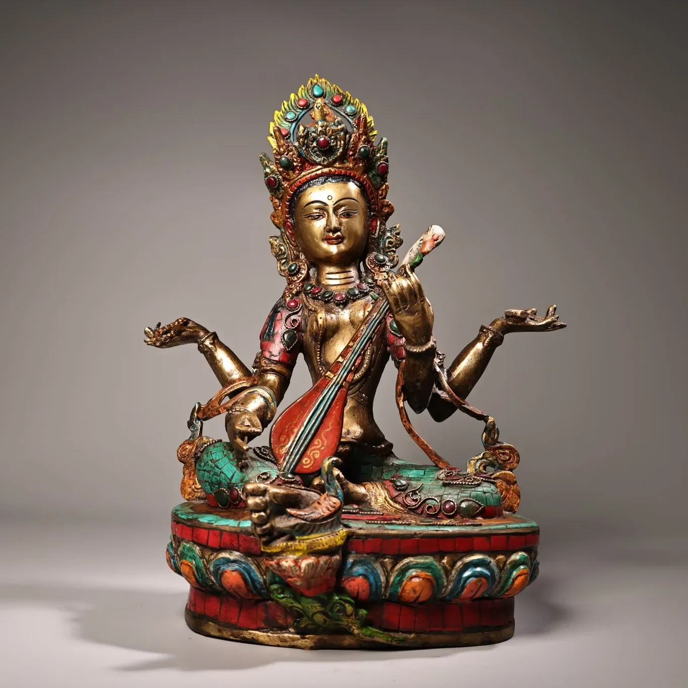 

14"Tibetan Temple Collection Old Bronze Outline in gold Mosaic Gem Four armed Sarasvati Sitting Buddha Worship Hall