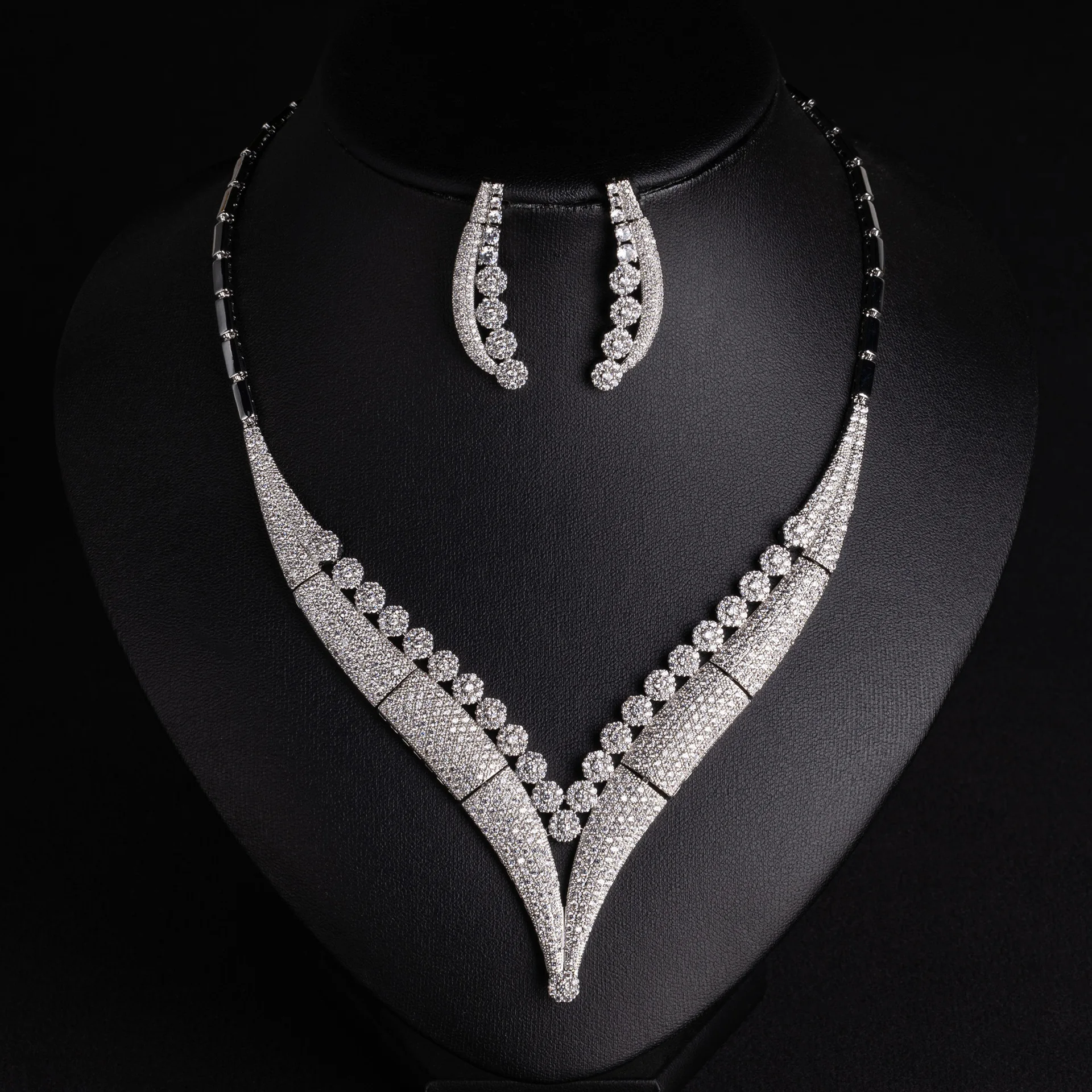 V-Shape Zircon Stud Earrings Necklace & Open Ring Set, Luxury Gold Plated Necklace Jewelry for Women