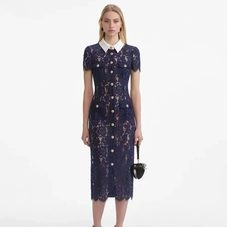 New 2026 Heavy Embroidery Lace Short Sleeve Turn-down Collar Single Button Long Dress Elegant Commute Style Natural Waist Pol...