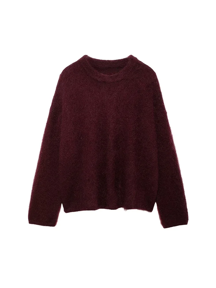 TRAF Women's Burgundy Loose Round Neck Sweater New Commuter Solid Colour Pullover Long Sleeve Knit Sweater Casual Womenswear