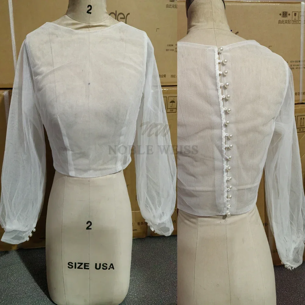 

Long Sleeve Wedding Jacket Pearls Buttons Simple Tulle Bridal Bolero Bridal Party Coat Customized