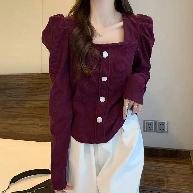 French Square Neck Retro Knitted Shirt with Feminine Style Bubble Sleeves Long Sleeved Shirt Fashionable and Slimming Bottom Top