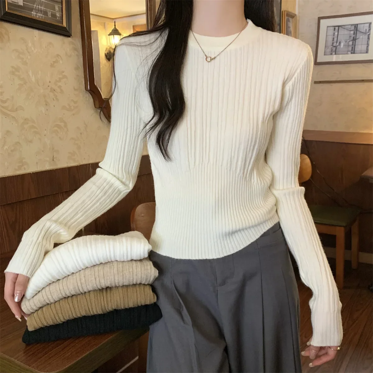 Chic Slim Fit Round Neck Knitted Top Women's Autumn/winter High-end Feel Sweater Inner Long Sleeve Base Layer Top