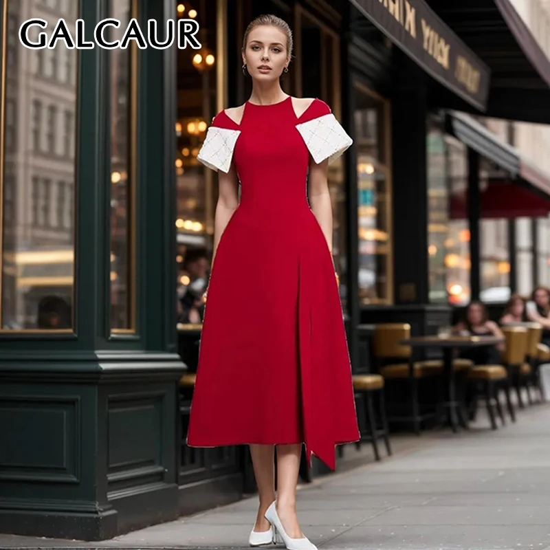 

GALCAUR Patchwork Plaid Hollow Out Midi Dress Women O Neck Short Sleeve High Waist Spliced Folds Split Formal Dresses Female New