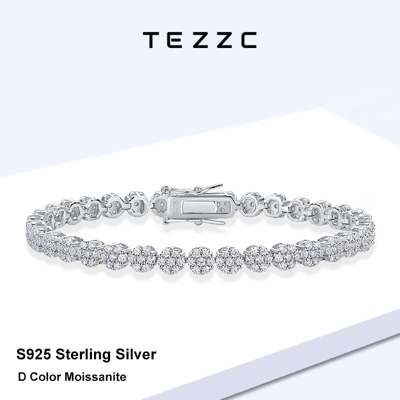 

Теннисные браслеты Tezzc с цветком из муассанита для женщин, стерлинговое серебро 925 пробы, цвет D, лабораторная цепочка с бриллиантами, подарок, ювелирные изделия