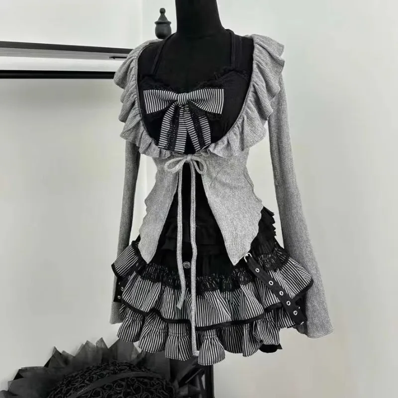 Women Gothic Y2K Lolita 3 Piece Set Ruffles Cardigan Bow Vest and Above Knee Cake Skirt Outfit