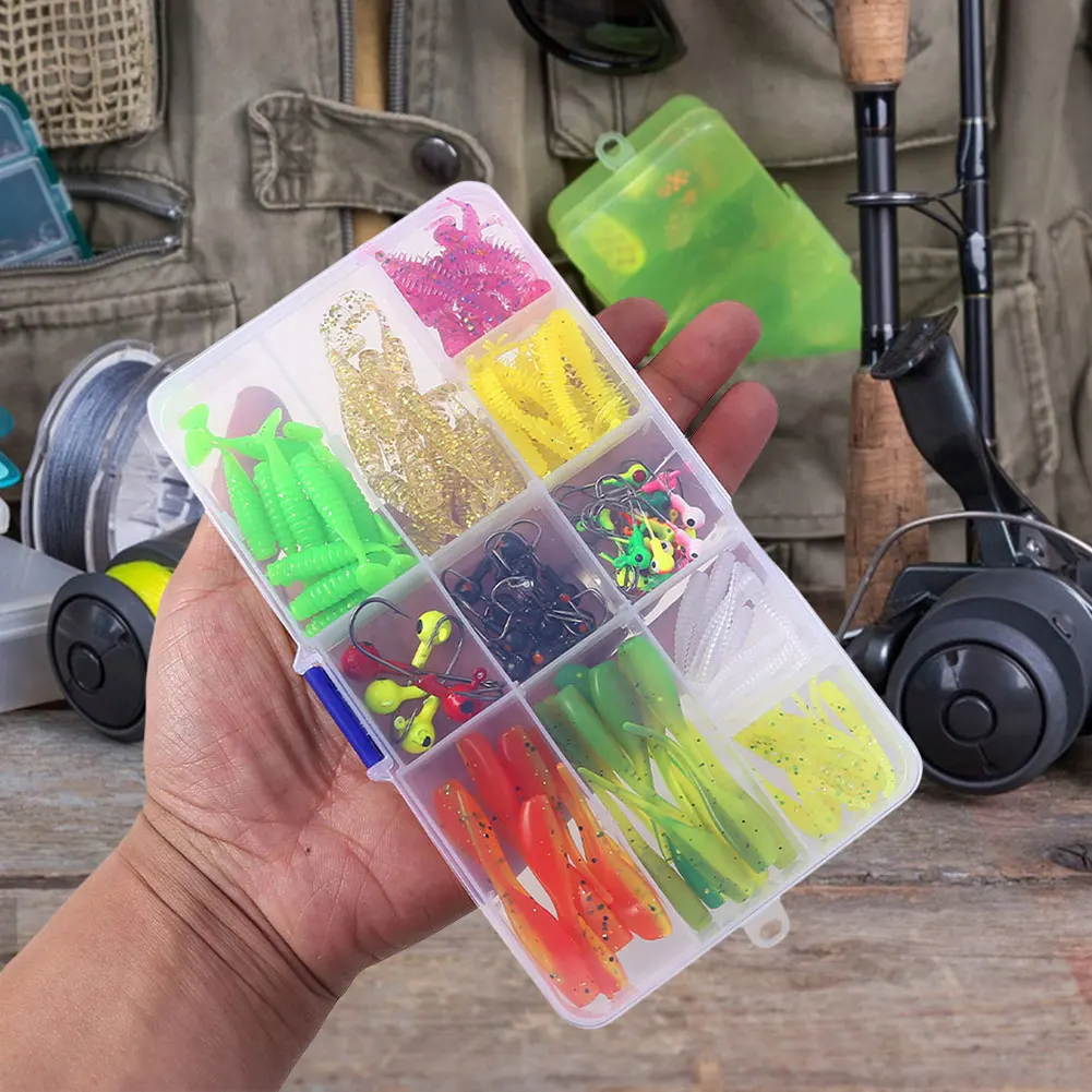 

115pcs T Tail Soft Bait Set with Jig Head Hook Fishing Lure Accessories Set Soft Fishing Lure Tackle Box