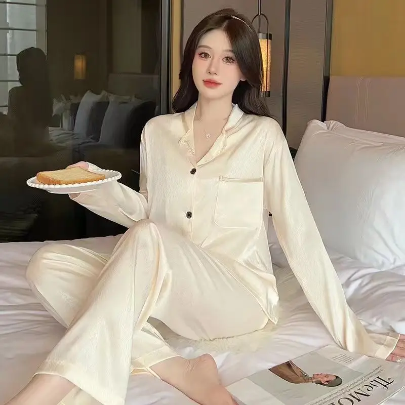 Autumn and Winter Long-sleeved Long Trousers Pajamas Female Ice Silk New Silk Cartoon Cherry Print Homewear Suit Women Pajama