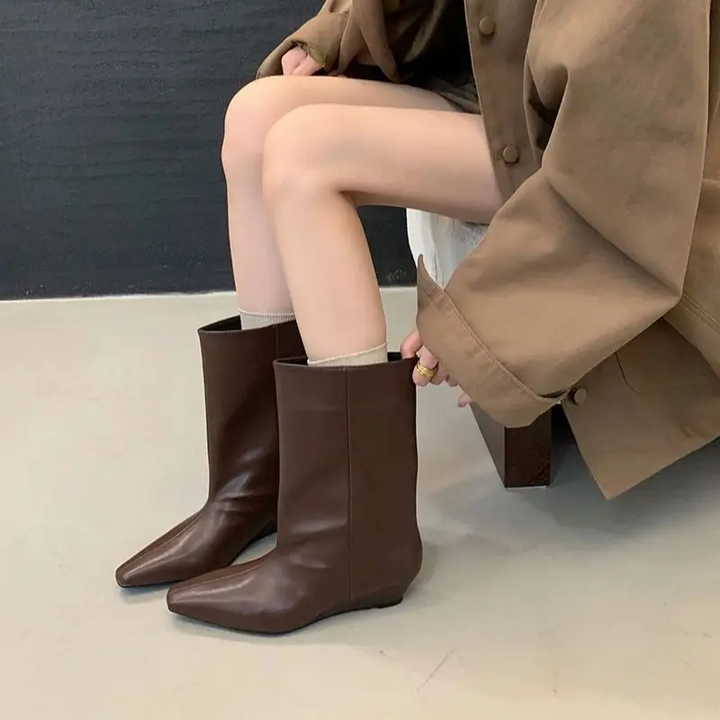 

Brown Boots Low Heels Wedges Shoes Woman Comfort Pointed Toe Wide Leg Ankle Boots Fall Black Heels Bottes Femmes