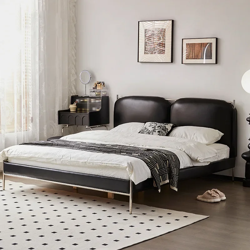 Hengwo, Black Leather Bed, First Layer Cowhide 2024 New Bauhaus Bed, Master Bedroom Big Bed, Medium Antique Soft Bag Bed