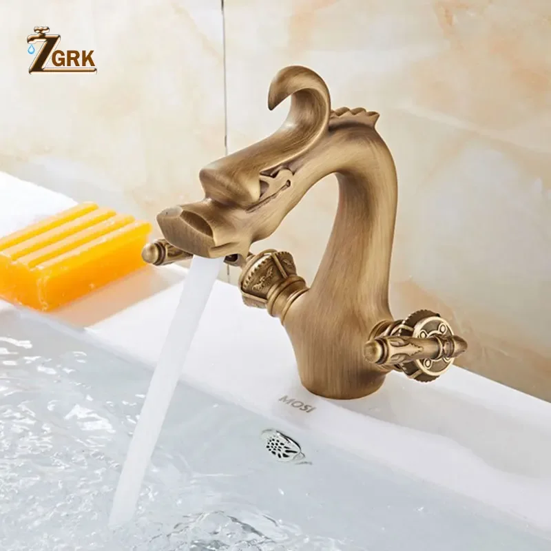 

ZGRK Bathroom Basin Faucets Dual Handle Hot Cold Dragon Mixer Taps Bathroom Faucet Deck Mounted Antique Brass Water Tap