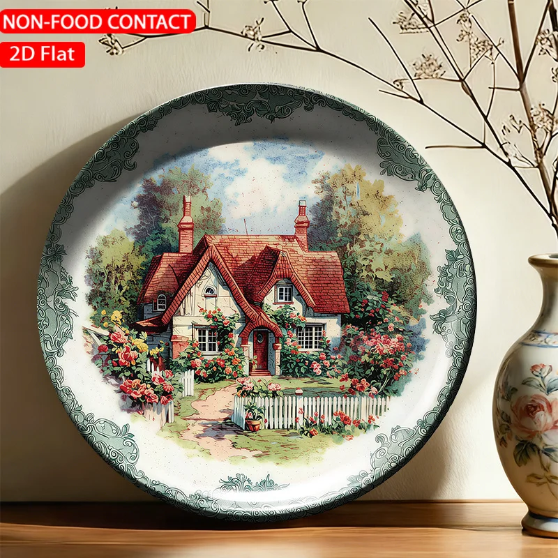1pc Ceramic Decorative Plate, Cozy Cottage Garden Scene Art Decorations, Wall Home Decor- for Decorative Purposes Solely,
