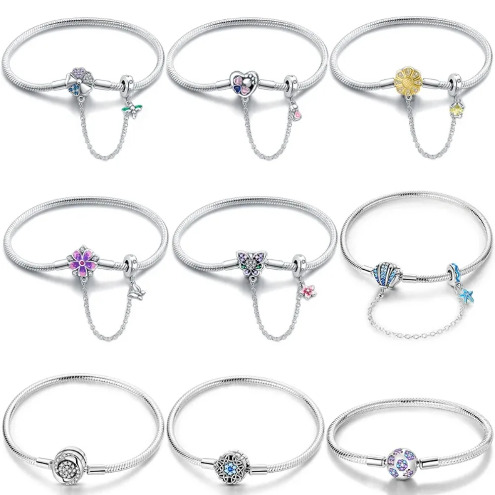 

Новые браслеты из стерлингового серебра 925 пробы с разноцветными цветами, бабочками и ромашками, с защитной цепочкой, подходят для DIY-украшений, бусин и тонких ювелирных изделий на день рождения.