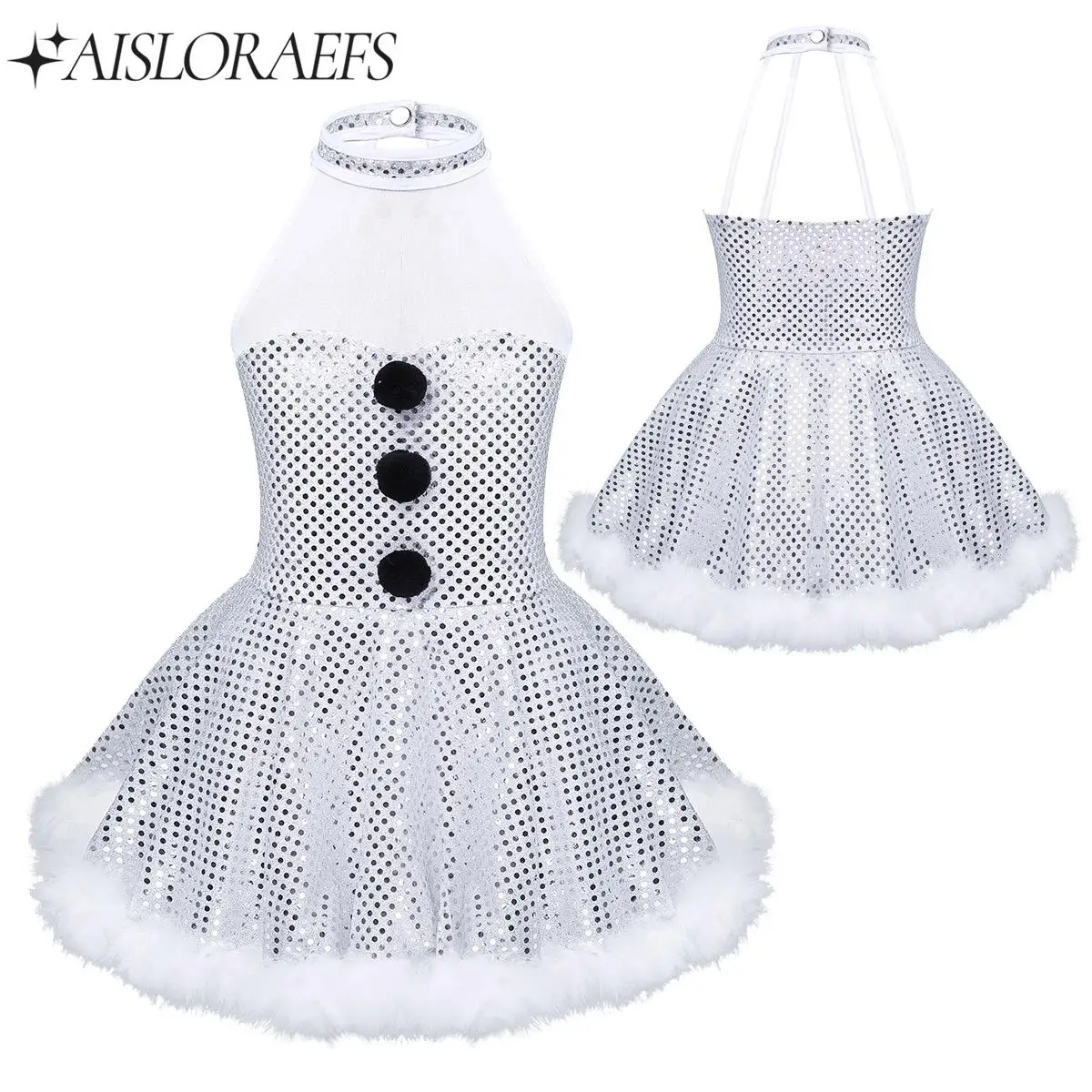 

Girls Christmas Dress Snowman Costume Sleeveless Mesh Splice Caged Back Shiny Sequins Figure Skating Party Ballerina Dancewear