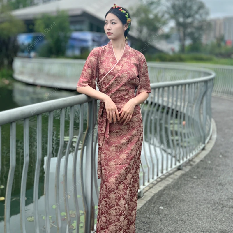 New Tibetan Traditional Dress for Women Elegant Ethnic Style Folk Costume with Flare Sleeves Ideal for Dance Cultural Events