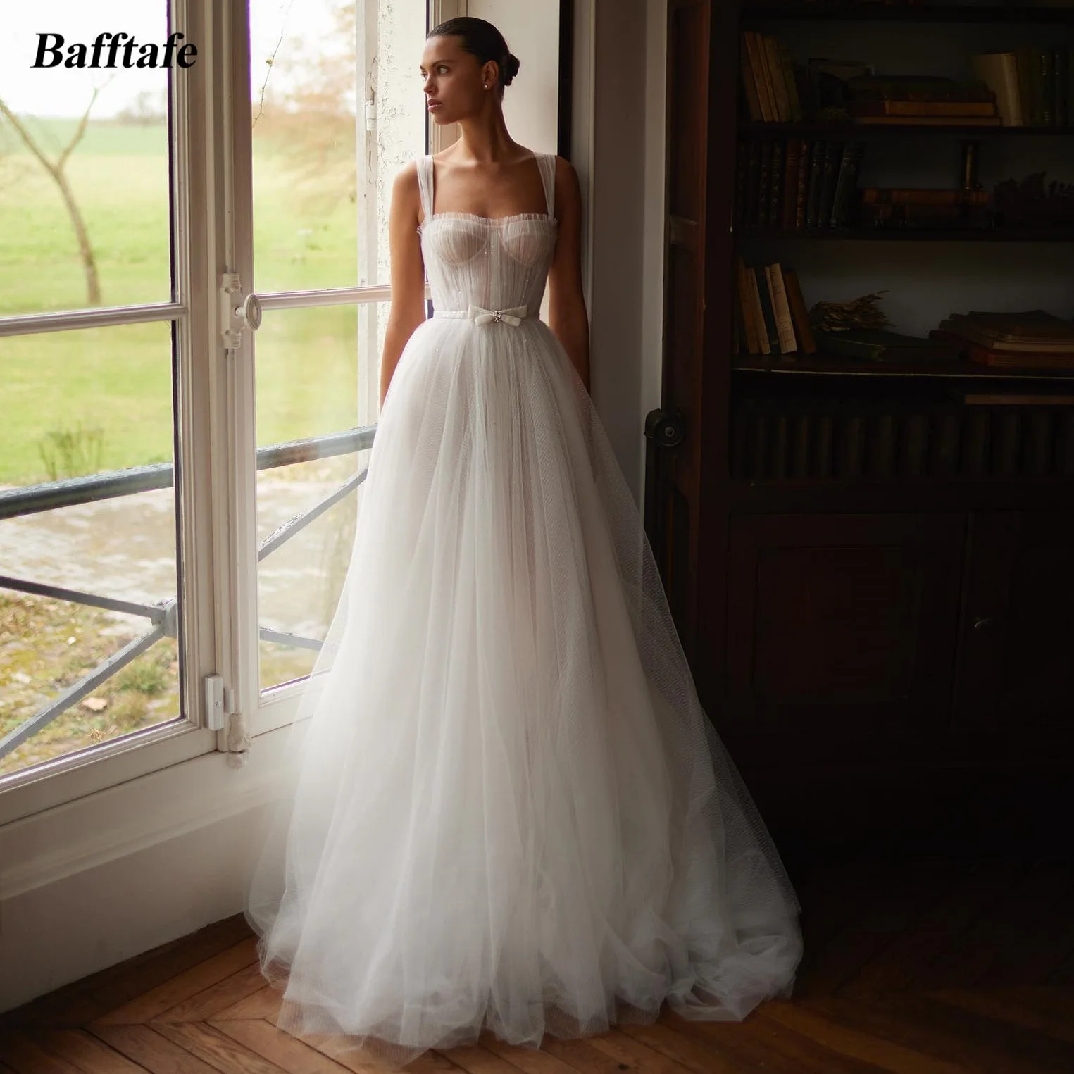 

Bafftafe Dotted Tulle Boho Wedding Dresses Straps Sweetheart Pleats Beach Bridal Gowns A Line Princess Formal Women Party Dress