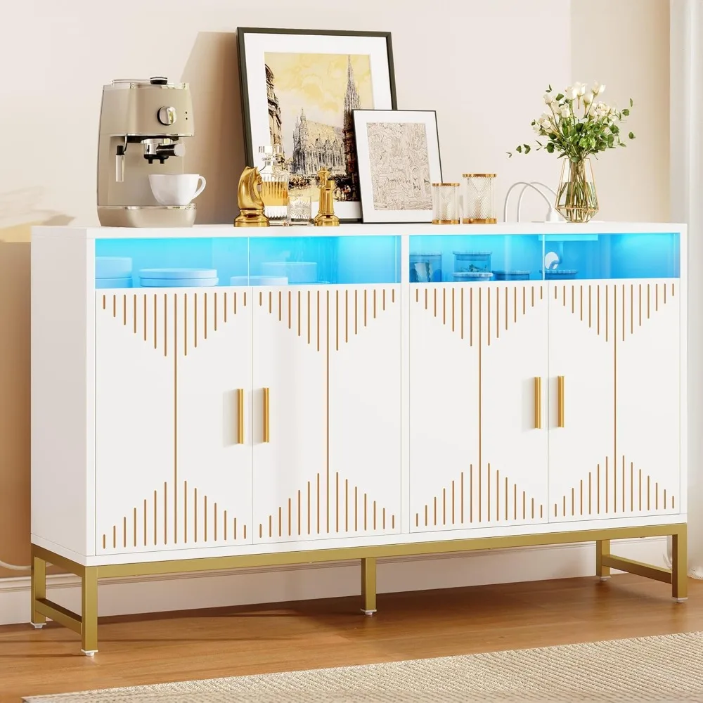 

Modern Kitchen Storage Cabinet with Power Outlet and LED Light, 55" Sideboard Buffet Cabinet with Storage for Living Room, Kitc