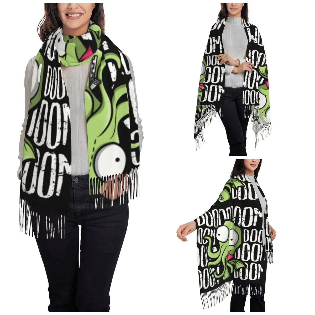 Cthulhu Gir Scarf for Womens Warm Winter Pashmina Shawls and Wrap Invader ZIM Alien Cartoon Long Scarves with Tassel for Ladies