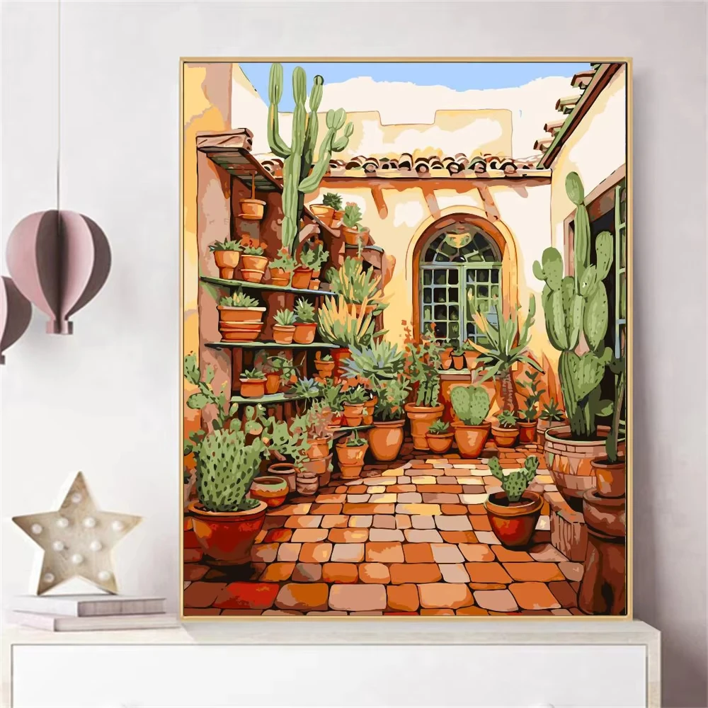 Краска по номерам для взрослых, комплект кактуса во дворе, сделай сам, акриловая картина маслом, холст по номерам, домашний декор, безрамный