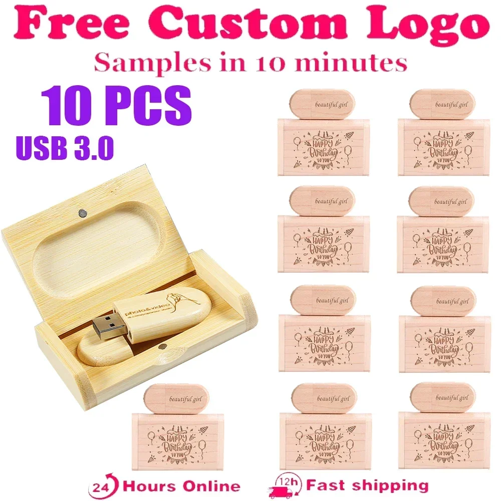 10 PCS LOT USB 3.0 Flash Drives 128GB Free Custom Logo Memoria USB 64GB Wooden Pen Drive 32GB Box Creative Wedding Gift 16GB 8GB