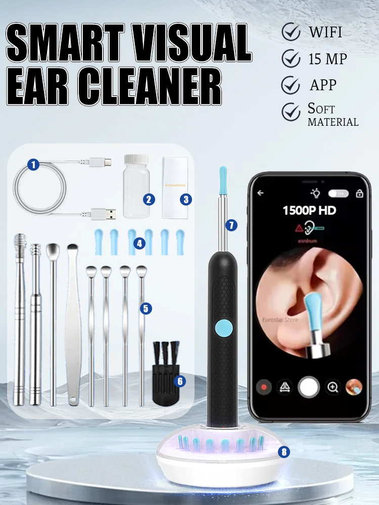 

2025 Новое обновление, эндоскоп для ушей с камерой, уход за ушной серы, функция светодиодного освещения, 8 мегапикселей