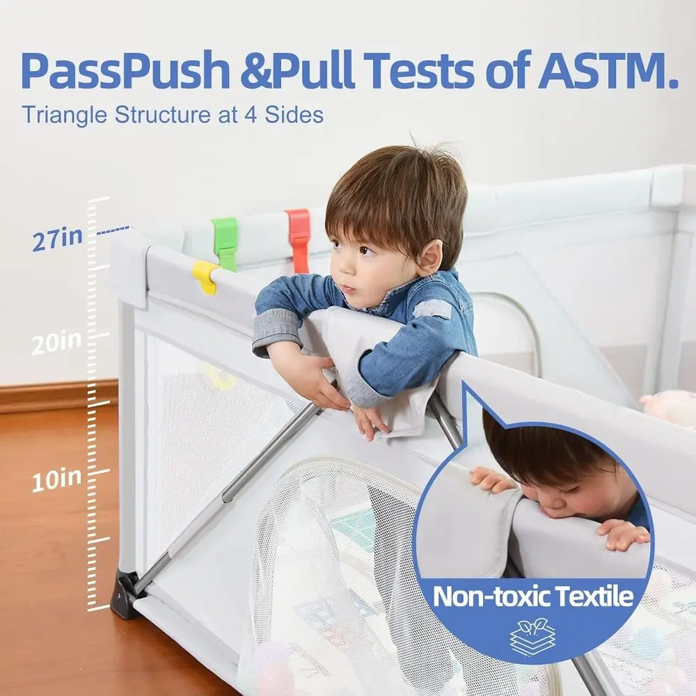 روضة أطفال رمادية قابلة للطي مقاس 59 × 71 مع 50 كرة محيطية، 4 مقابض، منطقة لعب آمنة للأطفال والرضع، ساحة محمولة داخلية/خارجية