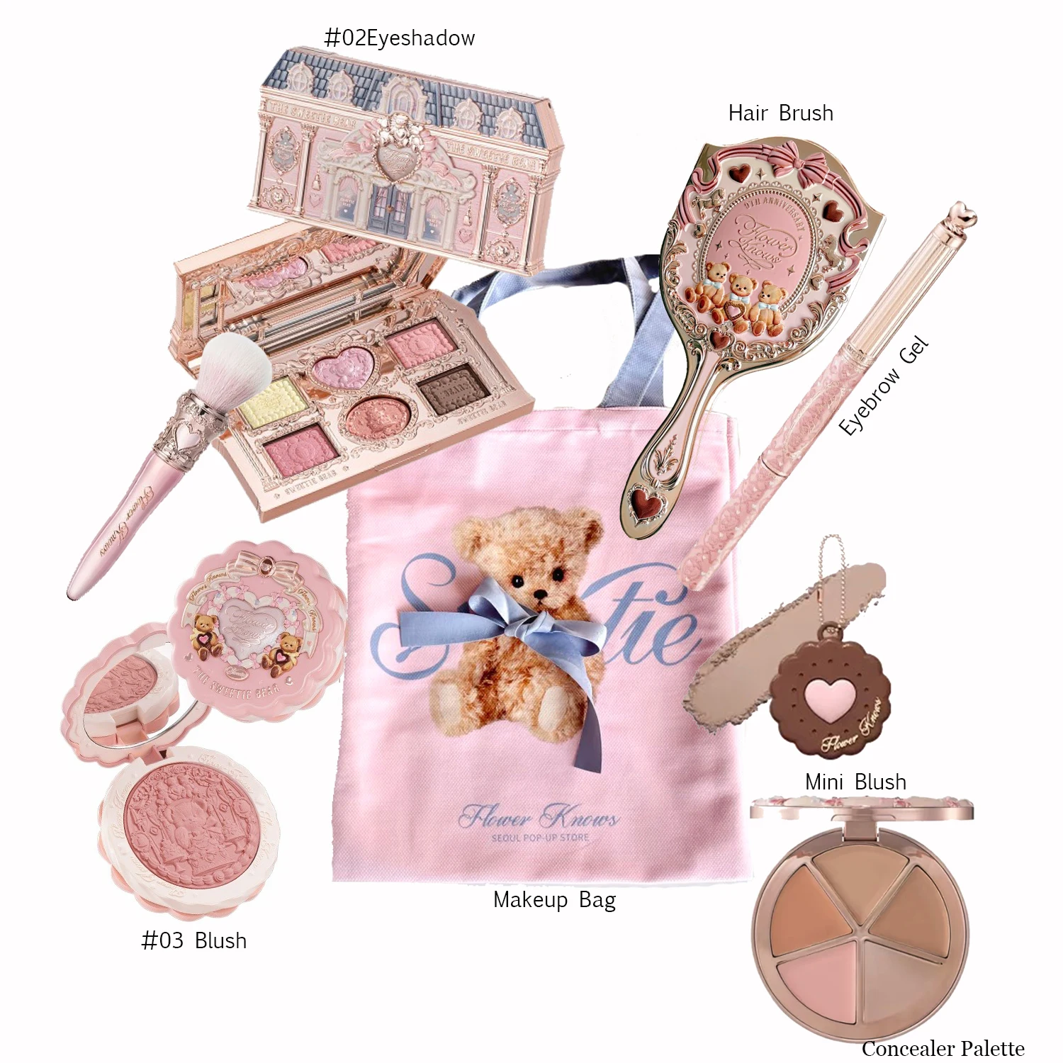 

Flower Knows Makeup Kit Sweetie Bear Concealer Palette Silk Satin Blusher Lip Jelly Mirror Hair Clip Makeup Bag Mini Powder Set