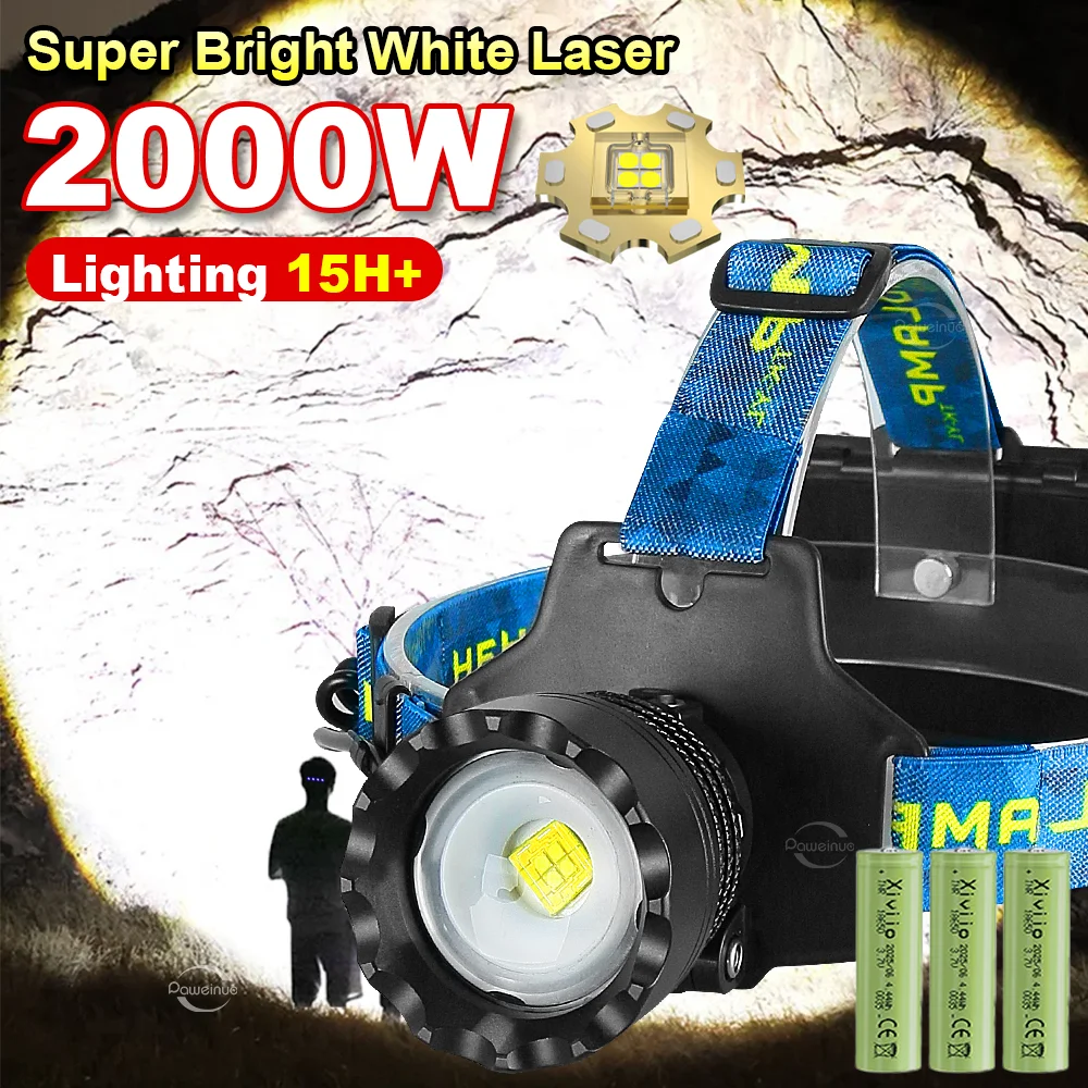 2000W Ultra Powerful LED Headlamps Super Bright White Laser Long Range Head Flashlight Rechargeable Head Torch Adventure Fishing