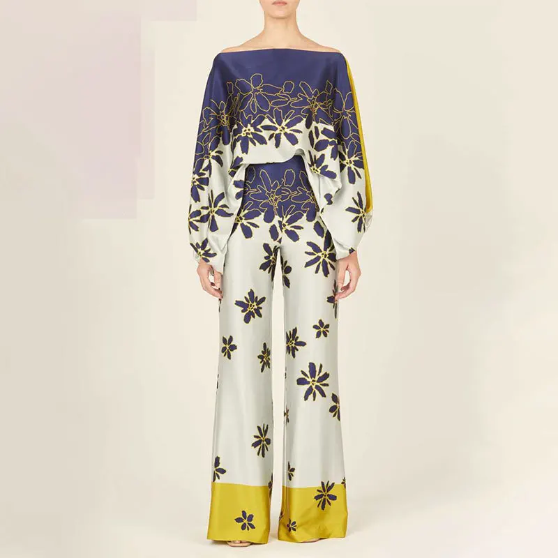 2 Piece Hollow Shoulder Tops Woman Casual Satin Print Long Pants Suit Spring Loose OL Clothes New In Matching Sets Elegant Trend