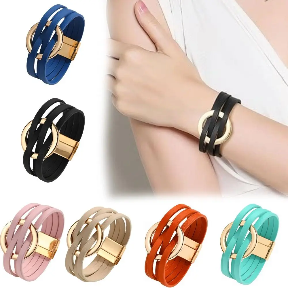 Bohemian Style Leather Bracelets Adjustable Wrap Closure Leather Surface Multilayer Wrap Bracelet Hollow Circle Bracelet