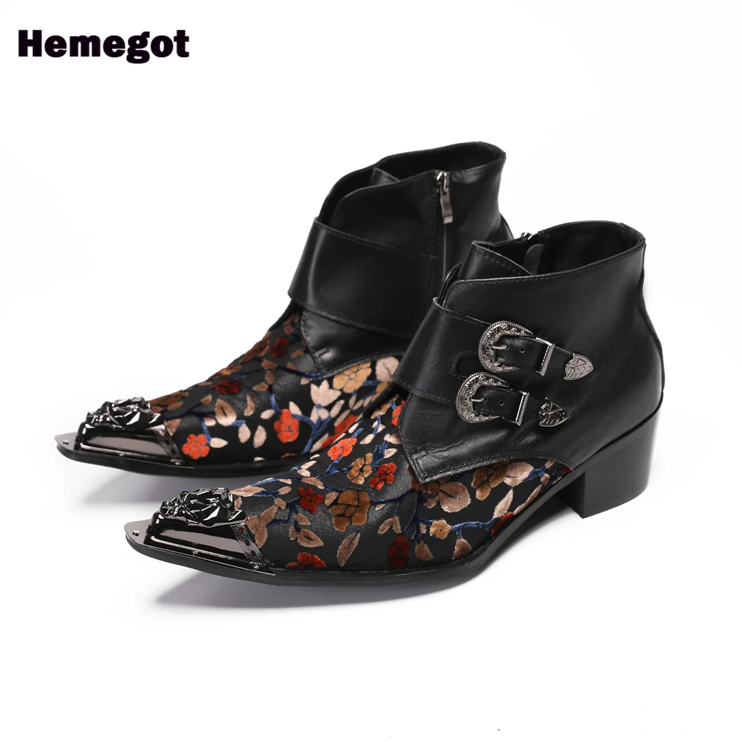 

Flower Prints Men's Boots Double Buckles Black Novelty Stylish Side Zipper Men Boots Big Size 37-47 Botas Zapatillas Mujer