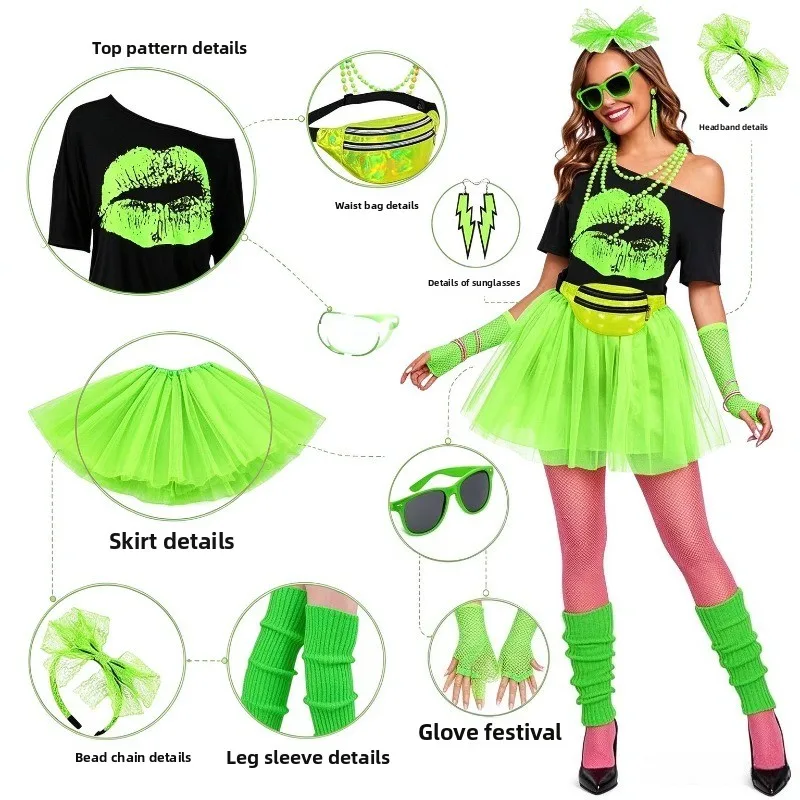 Women 80s Retro Costume Set Off Shoulder Top Tulle Skirt Full Accessories Disco Halloween Party Outfit